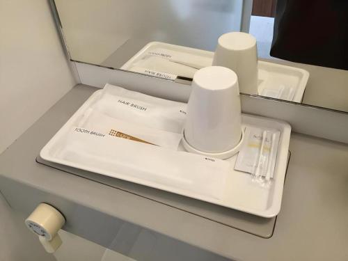 a bathroom counter with a white sink and a mirror at Hotel Gran View Okinawa in Naha