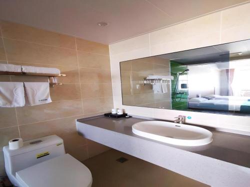 une salle de bain avec un lavabo, des toilettes et un miroir dans l'établissement GreenTree Inn Luoyang West Zhongzhou Road Business Hotel, à Luoyang