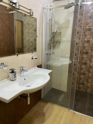 a bathroom with a sink and a shower at Marys Family Guest House in Yerevan