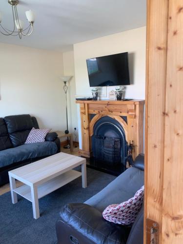 a living room with a couch and a fireplace at 39 woodview in Listowel