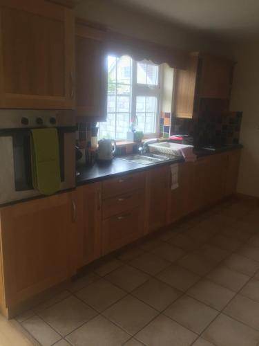 a kitchen with wooden cabinets and a sink and a window at 39 woodview in Listowel
