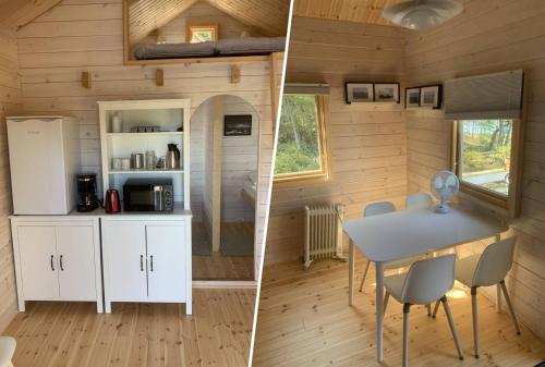 a kitchen and dining room of a tiny house at Ekenäs Camping & Gästhamn in Ekenäs