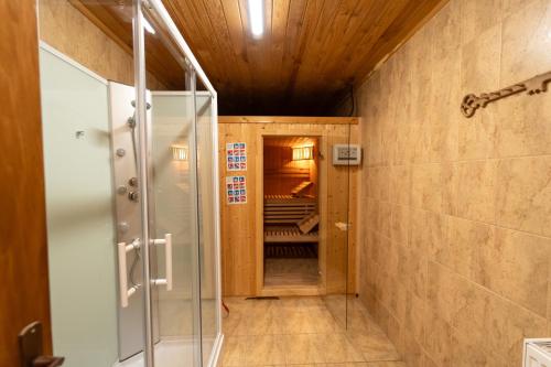 a bathroom with a shower and a walk in closet at Pensiunea Moeciu Casa Wiarusti in Moieciu de Sus