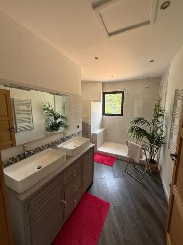 a bathroom with two sinks and a tub and a shower at VILLA GIOIA + Chalet, Piscine, Pétanque, Jacuzzi & Brasero in Bouc-Bel-Air