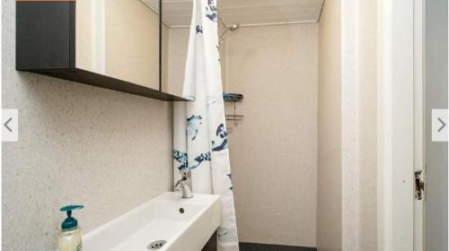 a bathroom with a sink and a shower curtain at Skønt feriehus til 6 personer, Sjælland in Gørlev