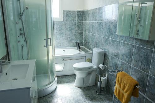 a bathroom with a toilet and a shower and a sink at Villa Casa Bianca Beachfront Villeroy in Sète