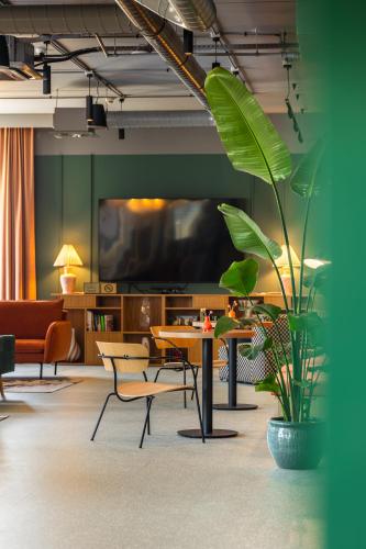 a living room with a tv and a table and a plant at DeSilva Inn Opole in Opole