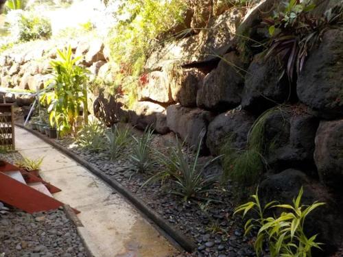 a garden with rocks and plants next to a path at Bungalow Temomea in Faaa