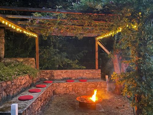 a fire pit in a garden with red bowls and lights at plumbago blue in Ameglia