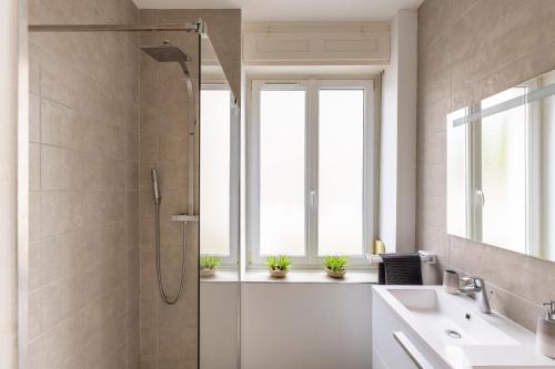une salle de bain avec une douche, un lavabo et un miroir dans l'établissement Appartement de Prestige au centre climatisé avec jardin privé, à Colmar
