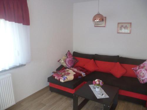 a living room with a couch and a table at An-der-Bastei-I-Mit-Garten 
