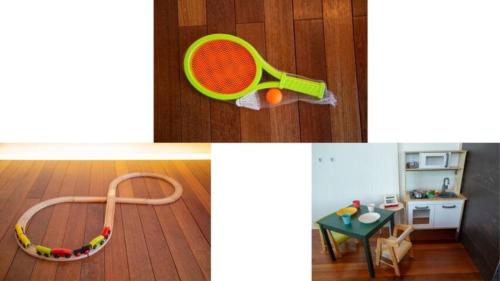 two pictures of a toy tennis racket and a room at Futtsu Kodate FK1 in Futtsu