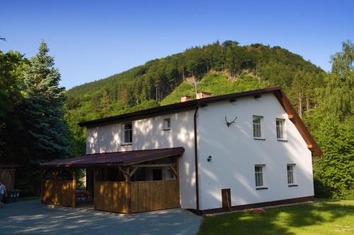 a white barn with a hill in the background at Apartmány Hájenka in Vápenka