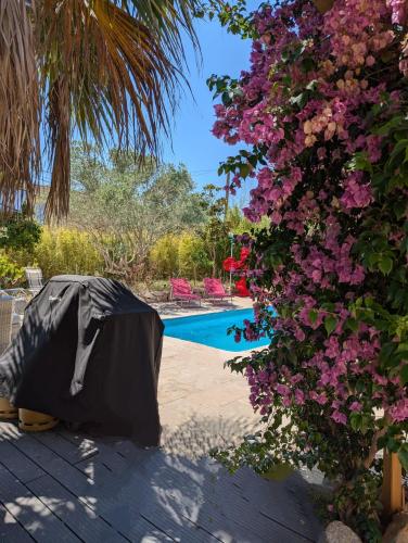 un jardin avec une piscine et des fleurs violettes dans l'établissement Peaceful 4 stars eco-friendly villa with private pool and parking, à Roquebrune-sur Argens