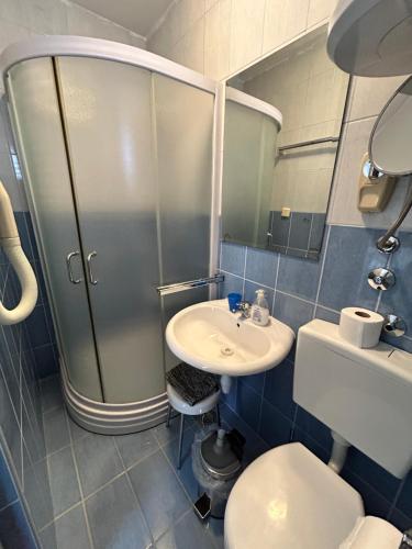 a bathroom with a shower and a toilet and a sink at Guest House Sol 1 in Cavtat