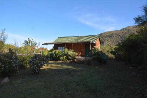 a log cabin with a green roof in a field at The Country Garden in Ladismith