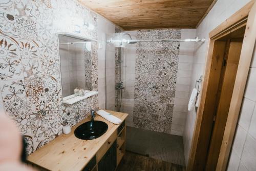 a bathroom with a sink and a shower at Vidra Park in Văleni