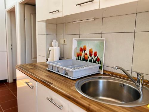 a kitchen counter with a sink and a painting of tulips at Guest House Sol in Cavtat