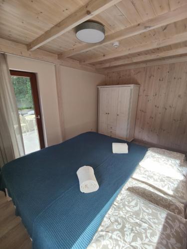 a bedroom with a blue bed in a cabin at River Mind Villa with SPA in Zalioji