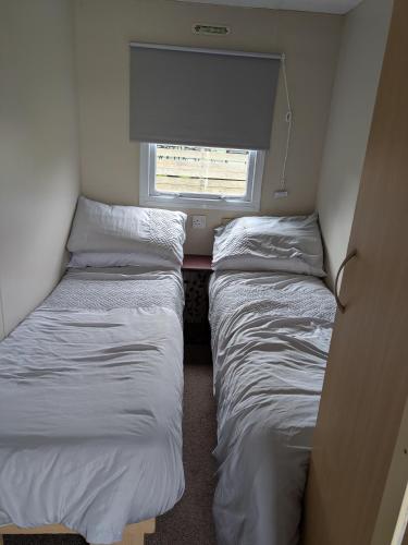 two beds in a small room with a window at The Hidden Gem in Galloway Forrest in Balminnoch