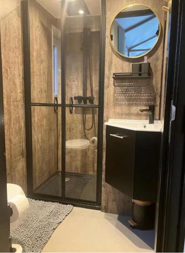 a bathroom with a shower and a sink and a mirror at Prinsenweg 1 tm 4 in Nijkerk