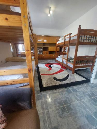 a bedroom with two bunk beds and a carpet at Friendship Dorms Hostel in Shkodër