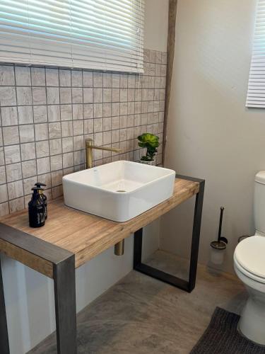a bathroom with a white sink on a wooden counter at Tsauchab River Camp in Sesriem