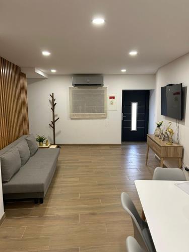 a living room with a couch and a flat screen tv at Casa Santo António in Peso da Régua