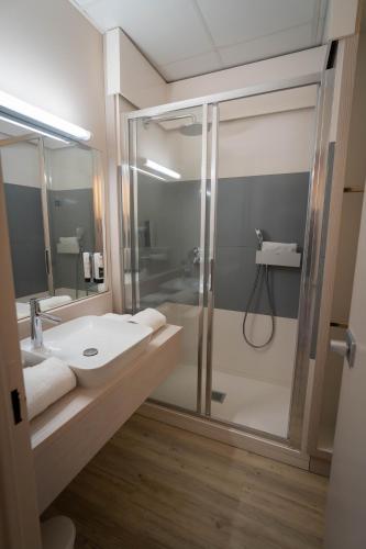 a bathroom with a shower and a white sink at Logis Hotel L'Embarcadère in Nantua