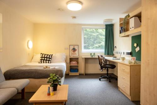 ein Hotelzimmer mit Bett und Schreibtisch in der Unterkunft Bonington Student Village in Suton Bonington in Sutton Bonington