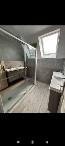 une salle de bain avec une douche et un lavabo et une fenêtre dans l'établissement Appartement rue du Bouguen, à Brest