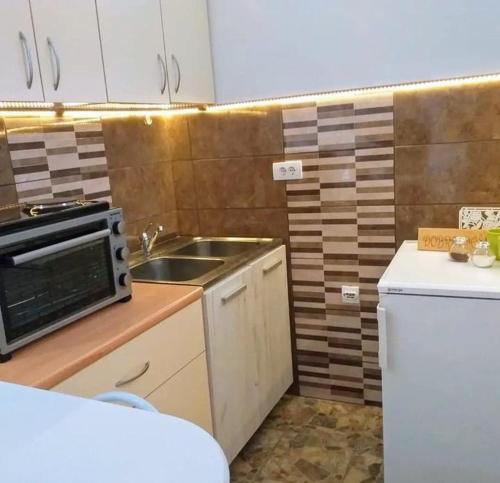a small kitchen with a sink and a microwave at Apartman Boni in Mali Beograd