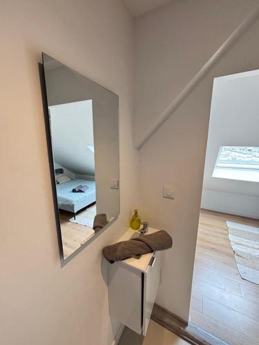 a bathroom with a mirror on the wall and a sink at Soh Rent Strasbourg Studio 2 Tv- Wifi Proche Gare in Strasbourg