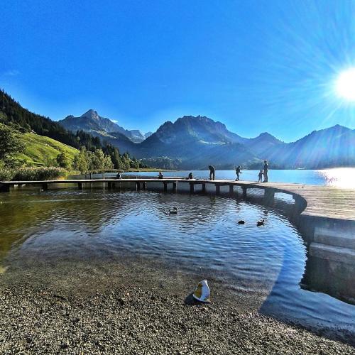 a group of people walking on a bridge over a lake at Ferienwohnung Kassler - nur 300m vom See in Schwarzsee