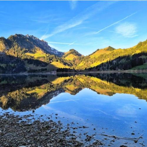 a view of a lake with mountains in the background at Ferienwohnung Kassler - nur 300m vom See in Schwarzsee