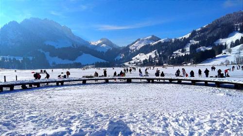 a group of people standing around in the snow at Ferienwohnung Kassler - nur 300m vom See in Schwarzsee
