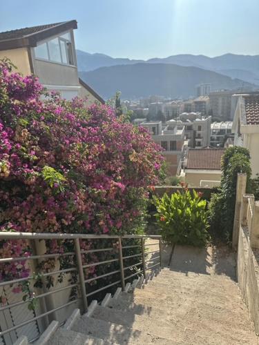 a stairway with pink flowers on a building at Apartments Top of Budva in Budva