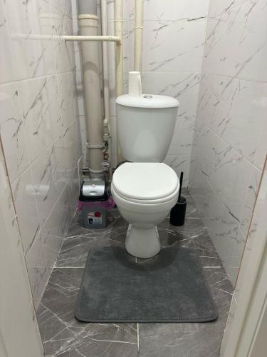 a white toilet in a bathroom with pipes at Apartment on Satpayeva in Ustʼ-Kamenogorsk