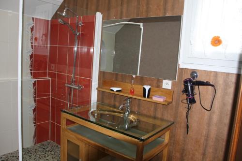een badkamer met een wastafel en een spiegel bij le parc des combes in Saint-Beauzile