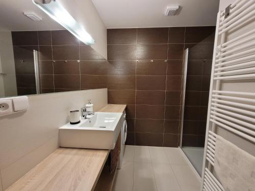 a bathroom with a sink and a shower at Apartmány Stachy Churáňov in Stachy