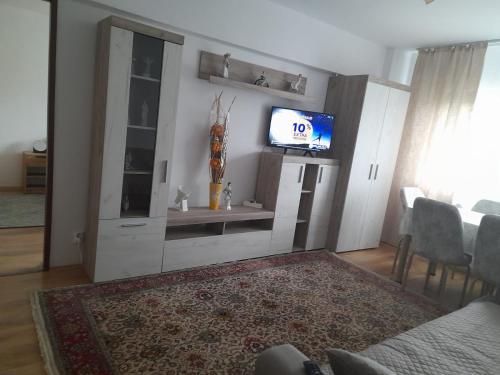 a living room with a tv on a wall at Denis House in Zalău