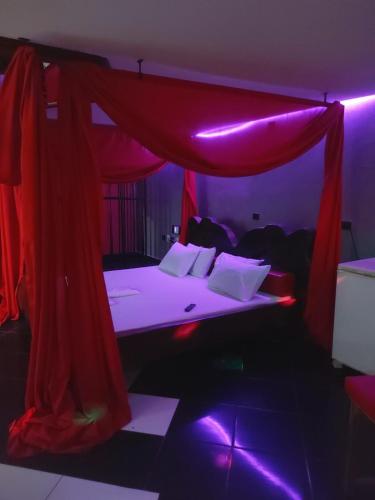 a bedroom with a bed with a red canopy at Hotel A DOIS adults only in Jataí