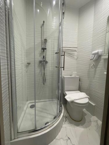 a bathroom with a shower with a toilet and a glass shower at Hôtel de l'Aveyron in Paris