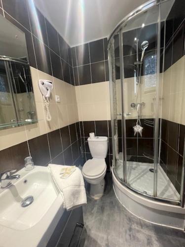 a bathroom with a shower and a toilet and a sink at Hôtel de l'Aveyron in Paris