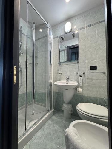 a bathroom with a shower and a toilet and a sink at Hotel Harmony-Smile in Lido di Camaiore