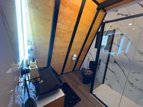 Nova BilaA-Frame Luxury House With Hot Tub的玻璃门客房的顶部景致