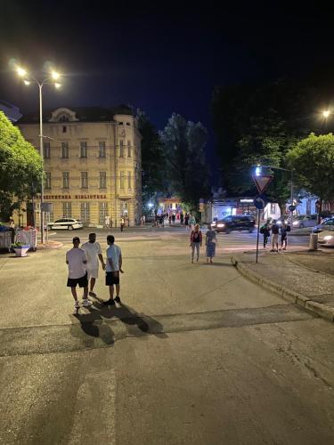 a group of people walking down a street at night at Apartments & Rooms Fountain in Bihać