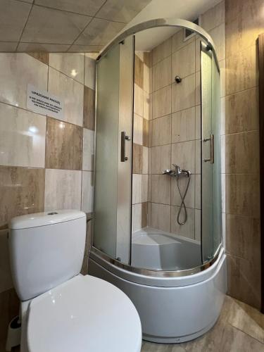 a bathroom with a shower and a toilet and a tub at Raj Przy Gościńcu in Krajno Pierwsze