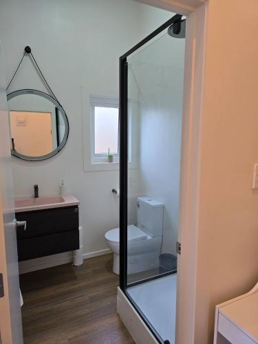 a bathroom with a toilet and a sink and a mirror at Private Studio Sleepout in Aucklands Convenient Location in Auckland