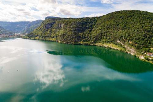an aerial view of a large body of water at Logis Hotel L'Embarcadère in Nantua